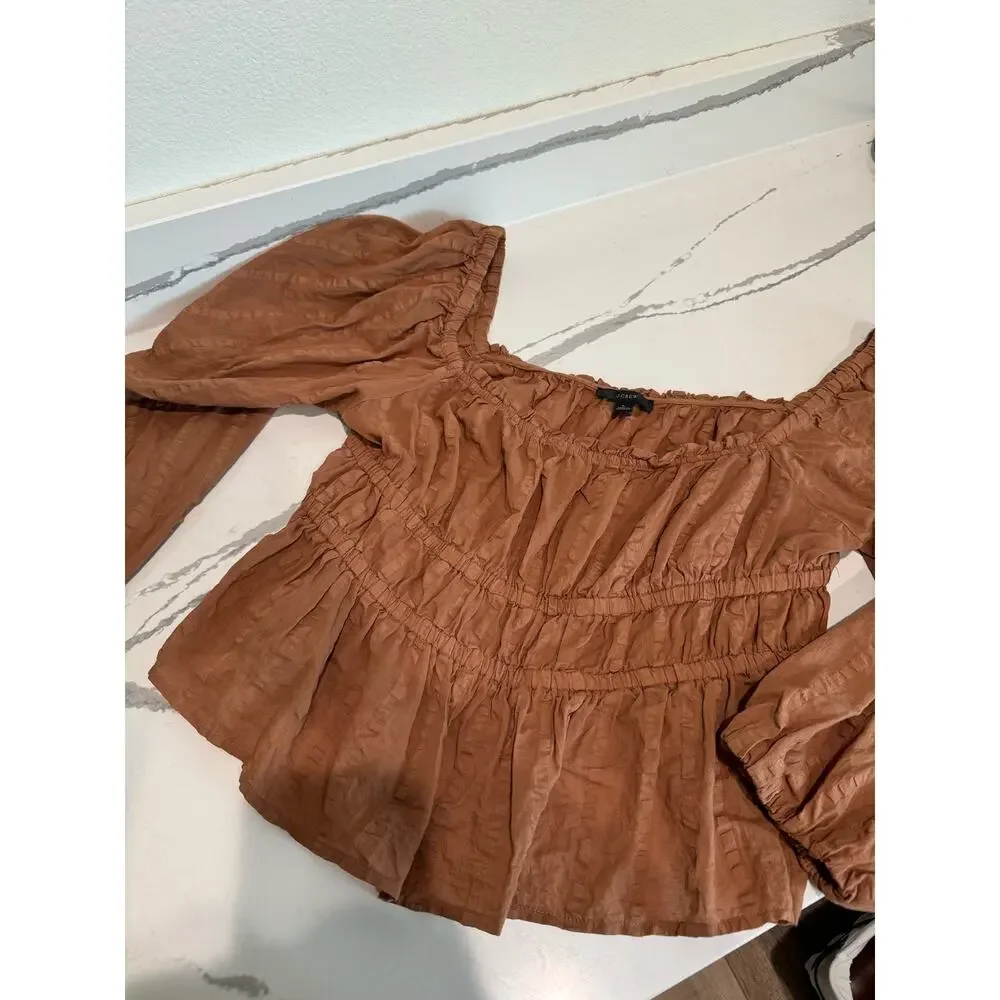 J. Crew Puff Sleeve Cotton Top Brown Size‎ Large Cropped